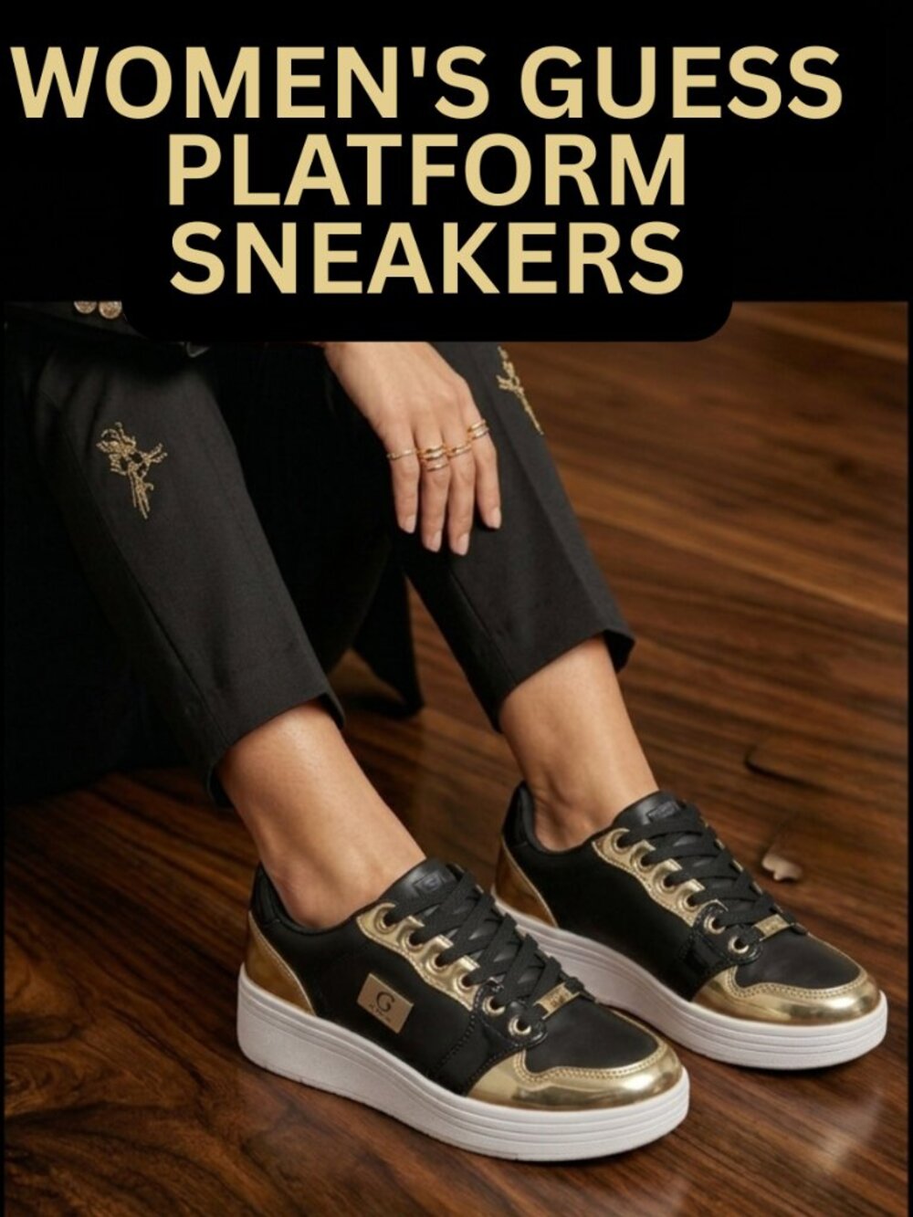 Guess Black & Gold Metallic Platform Sneakers - Size 9.5